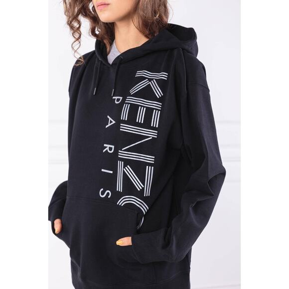 Kenzo Pullover Hoodie Womens Large Black Paris Fleece‎ Lined Drawstring Spellout - Picture 1 of 8